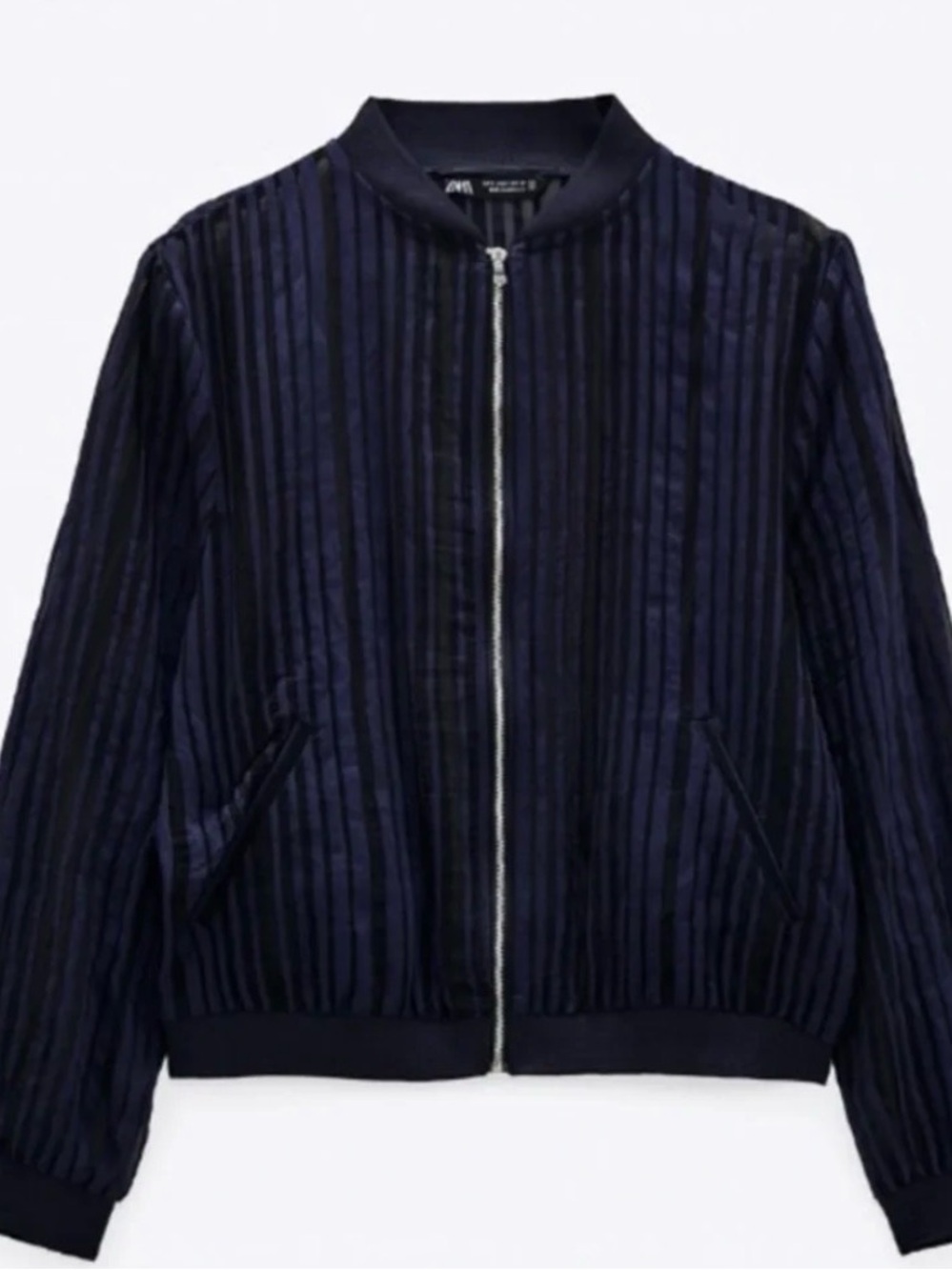 ZARA Navy Organza Striped Bomber Jacket - Women's